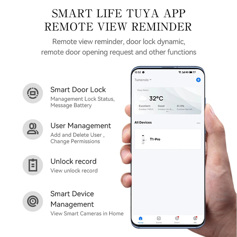 PHIPULO New Smart Door Lock with Tuya APP Digital Electronic Lock Smart Home Wooden Door Lock Biometric Fingerprint