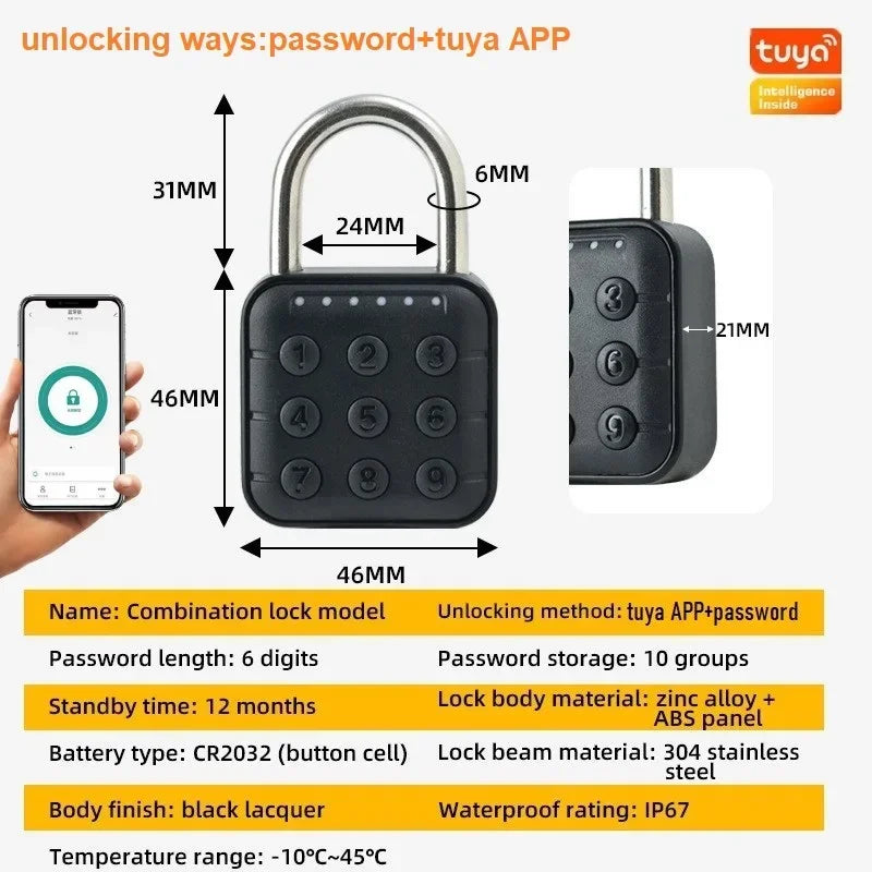 Tuya Smart Home Biometric Digital Padlock IP67 Waterproof Smart Door Lock Cabinet Lock Gym Wardrobe Door Password Lock