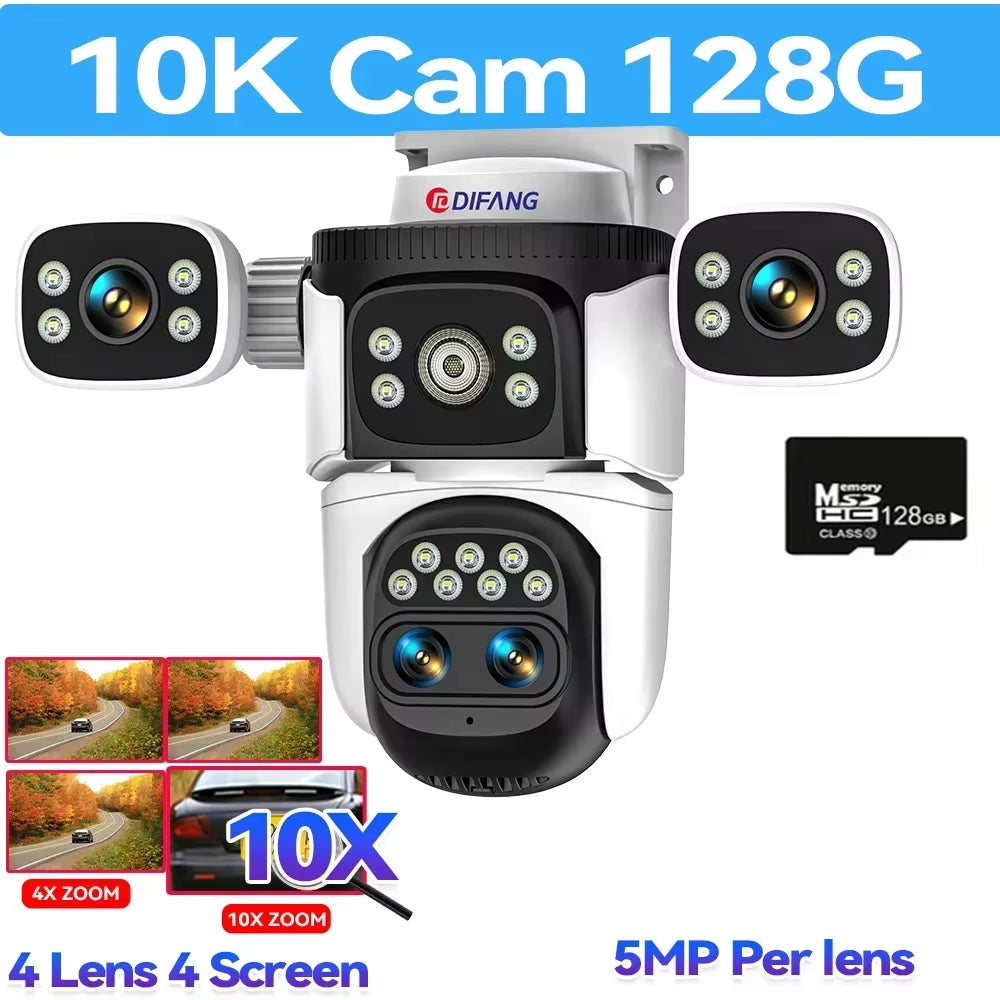 10K Four Screen Wifi Camera Outdoor 10X Zoom PTZ Video Street Camera Ai Tracking Security Protection CCTV Surveillance Camera