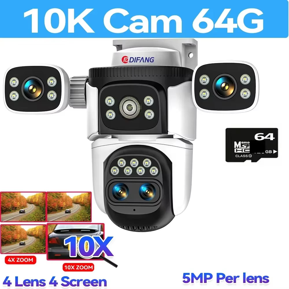 10K Four Screen Wifi Camera Outdoor 10X Zoom PTZ Video Street Camera Ai Tracking Security Protection CCTV Surveillance Camera