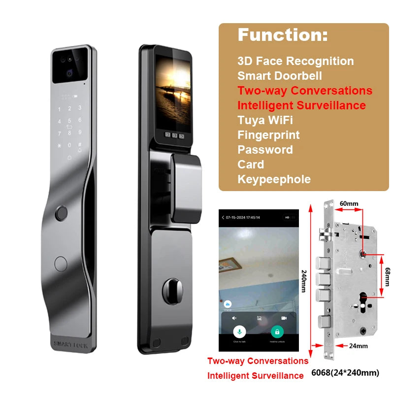 Smart Door Lock 3D Face Recognition Smart Home Door Lock Wifi NFC Digital Electronic Lock Wifi Camera Rfid Card Works with Tuya