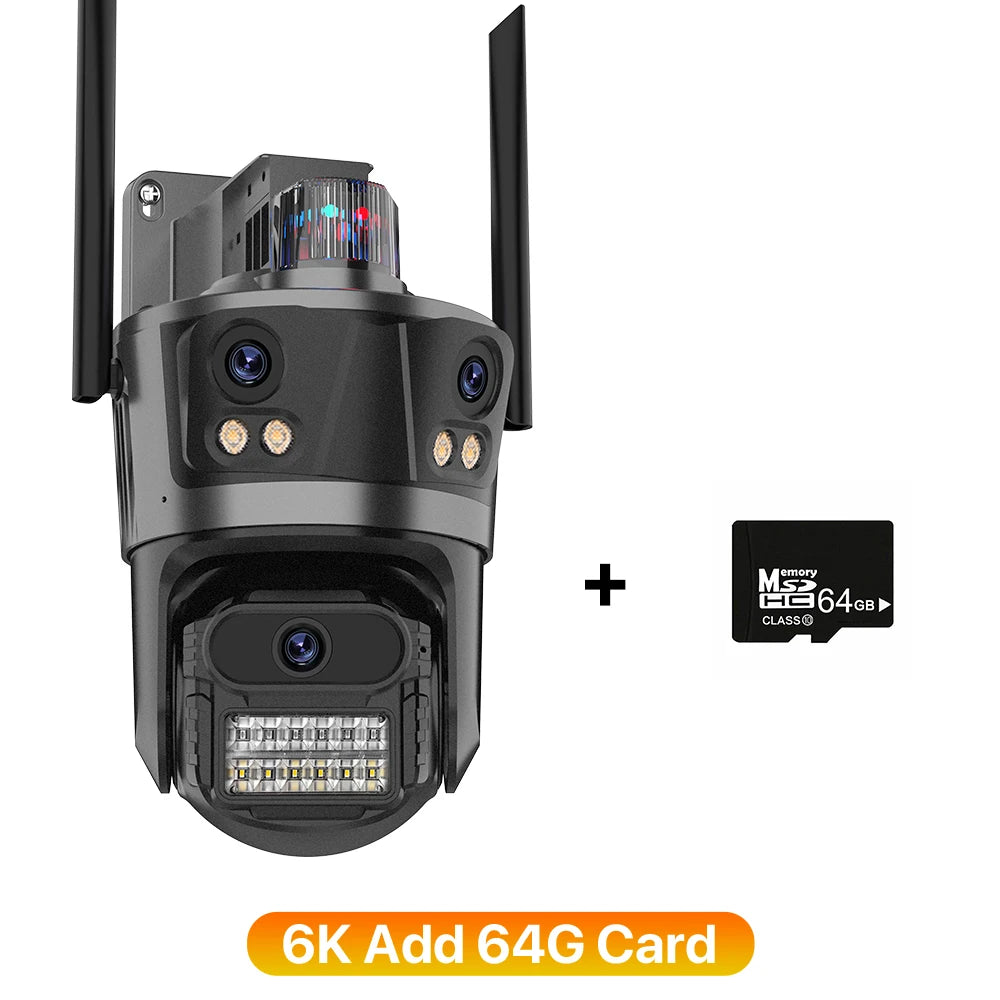 6K Wifi Camera 3 Lens Three Screen PTZ Camera 3K Security Protection Wireless Cam Ai Human Detection Waterproof Security Cam