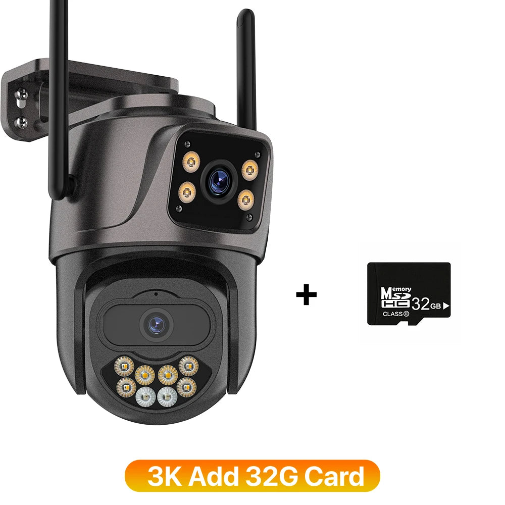 6K Wifi Camera 3 Lens Three Screen PTZ Camera 3K Security Protection Wireless Cam Ai Human Detection Waterproof Security Cam