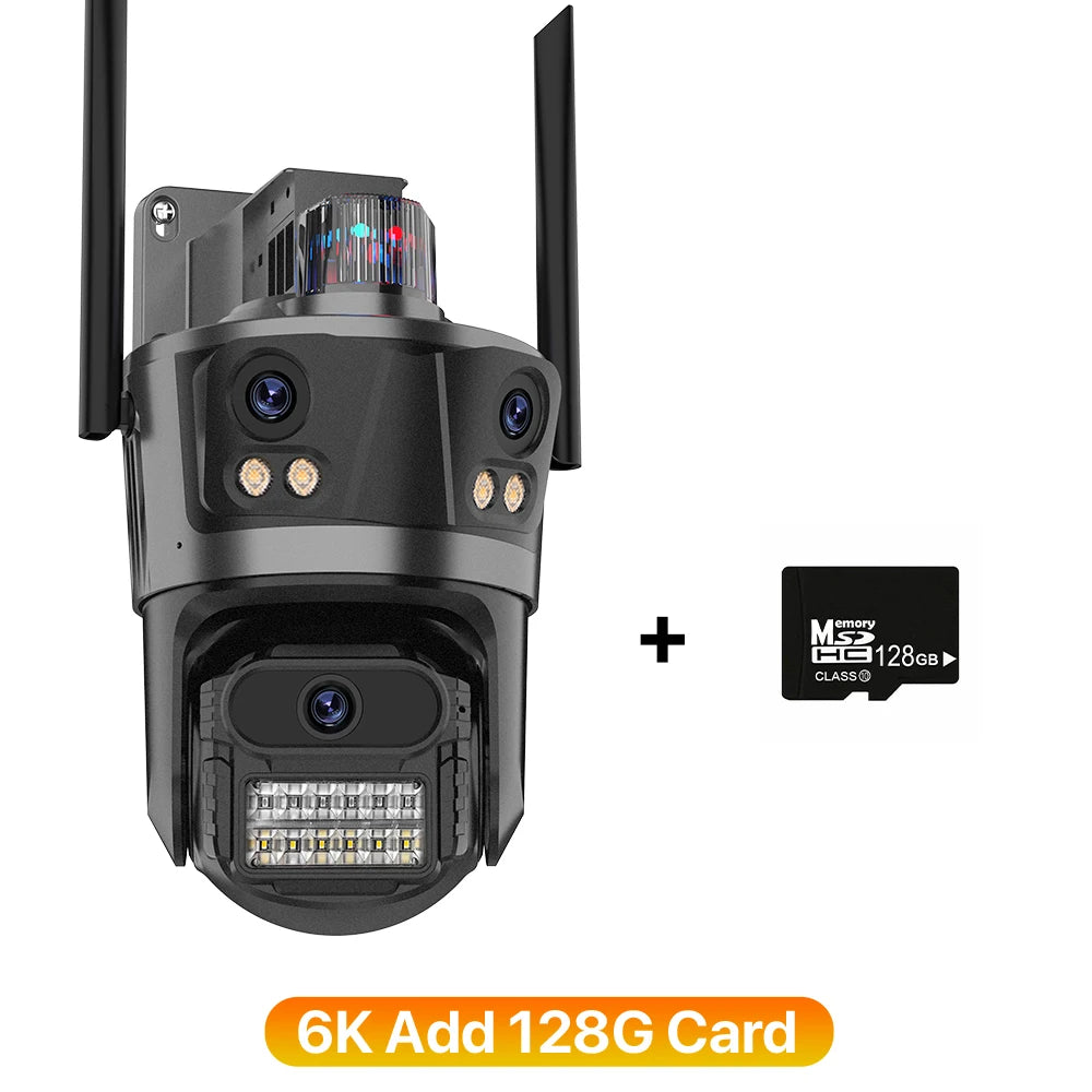 6K Wifi Camera 3 Lens Three Screen PTZ Camera 3K Security Protection Wireless Cam Ai Human Detection Waterproof Security Cam