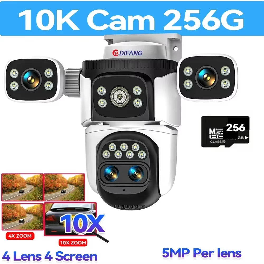 10K Four Screen Wifi Camera Outdoor 10X Zoom PTZ Video Street Camera Ai Tracking Security Protection CCTV Surveillance Camera