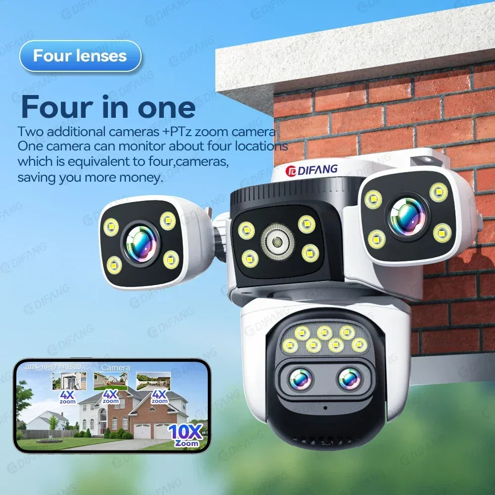 10K Four Screen Wifi Camera Outdoor 10X Zoom PTZ Video Street Camera Ai Tracking Security Protection CCTV Surveillance Camera
