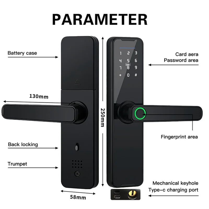 Tuya Wifi Digital Electronic Lock Smart Door Lock Remote Unlock Keyless Lock Security Anti-Theft Smart Home Hotel Office