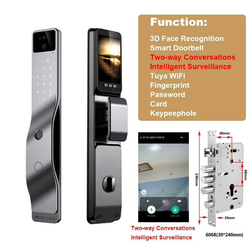 Smart Door Lock 3D Face Recognition Smart Home Door Lock Wifi NFC Digital Electronic Lock Wifi Camera Rfid Card Works with Tuya