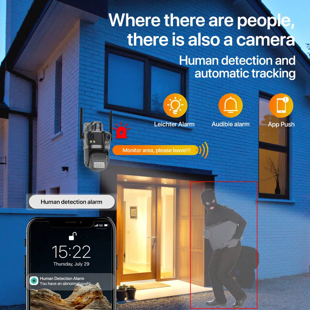 6K Wifi Camera 3 Lens Three Screen PTZ Camera 3K Security Protection Wireless Cam Ai Human Detection Waterproof Security Cam