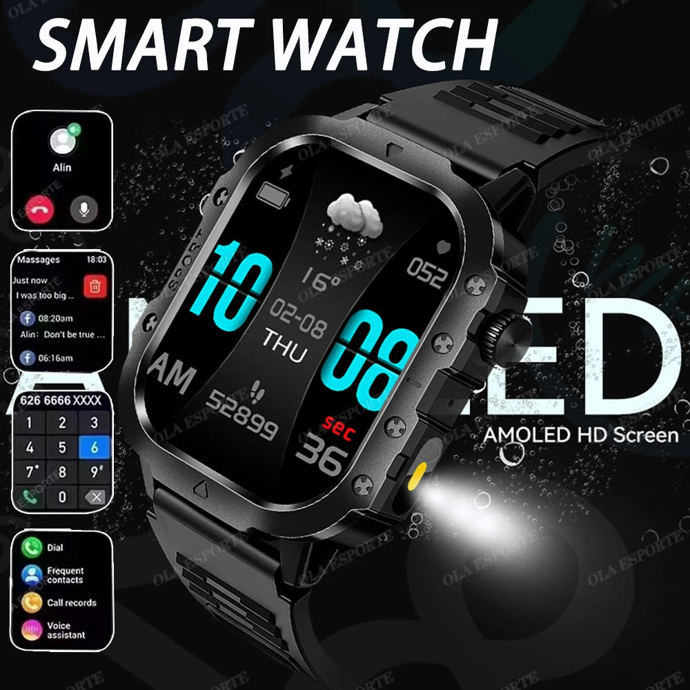 Outdoor Sports Smart Watch GPS Trackr 3ATM Flashlight 1.96" HD Display Screen Bluetooth Call Health Monitor Men Fitness Watches