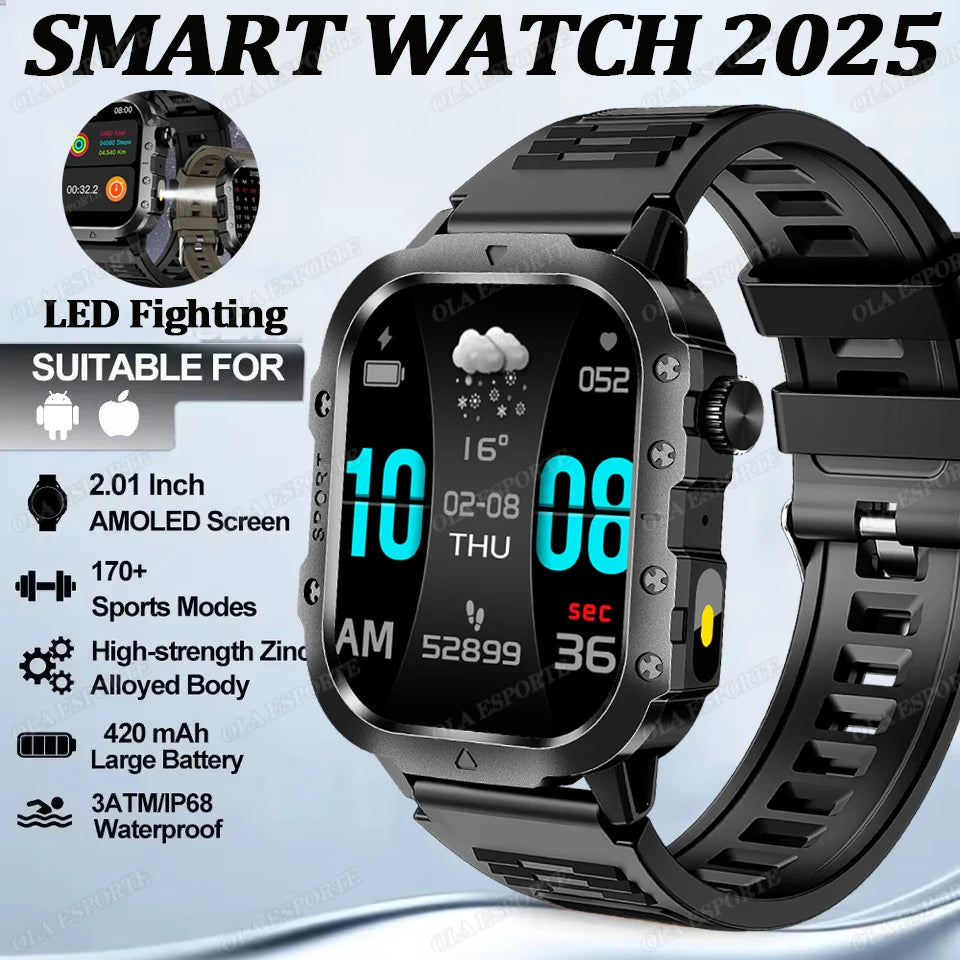 Outdoor Sports Smart Watch GPS Trackr 3ATM Flashlight 1.96" HD Display Screen Bluetooth Call Health Monitor Men Fitness Watches