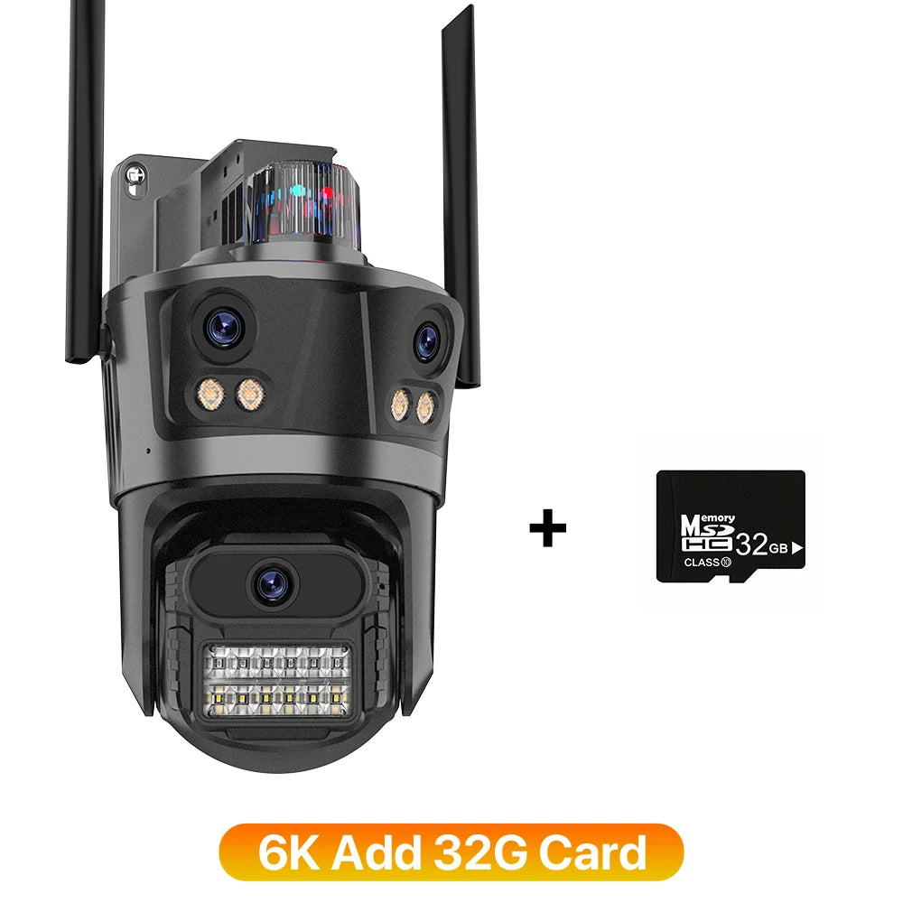 6K Wifi Camera 3 Lens Three Screen PTZ Camera 3K Security Protection Wireless Cam Ai Human Detection Waterproof Security Cam