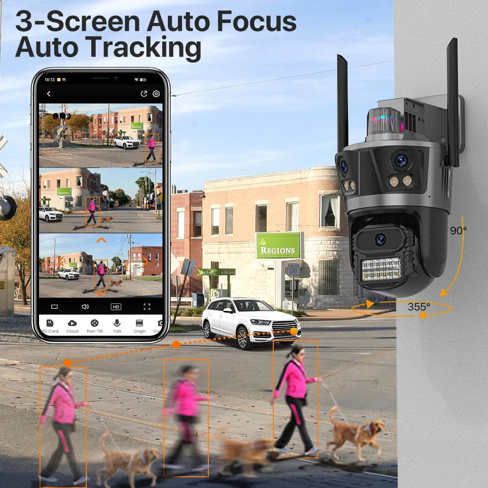 6K Wifi Camera 3 Lens Three Screen PTZ Camera 3K Security Protection Wireless Cam Ai Human Detection Waterproof Security Cam