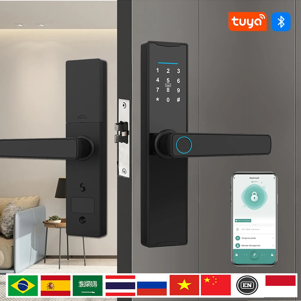 PHIPULO New Smart Door Lock with Tuya APP Digital Electronic Lock Smart Home Wooden Door Lock Biometric Fingerprint