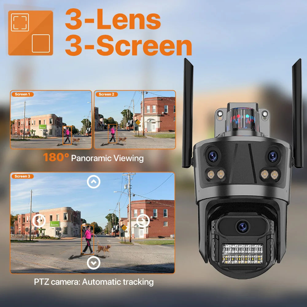 6K Wifi Camera 3 Lens Three Screen PTZ Camera 3K Security Protection Wireless Cam Ai Human Detection Waterproof Security Cam