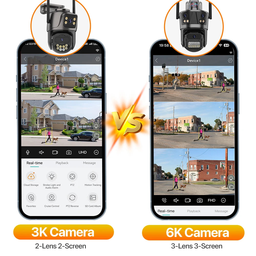 6K Wifi Camera 3 Lens Three Screen PTZ Camera 3K Security Protection Wireless Cam Ai Human Detection Waterproof Security Cam