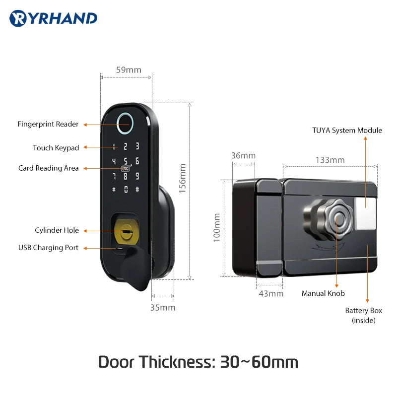 Tuya Smart Lock Waterproof Wifi Fingerprint Rim Lock Smart Card Digital Code Electronic Door Lock for Home Security Mortise