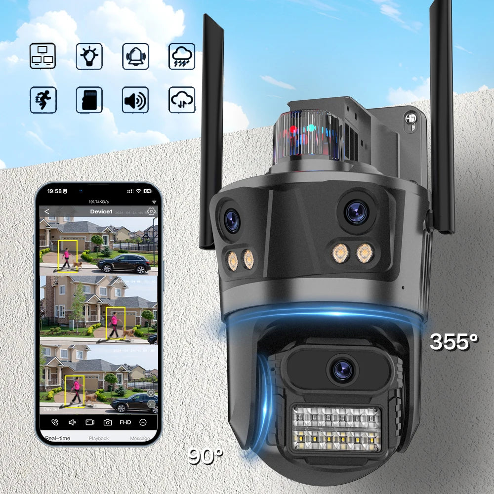 6K Wifi Camera 3 Lens Three Screen PTZ Camera 3K Security Protection Wireless Cam Ai Human Detection Waterproof Security Cam