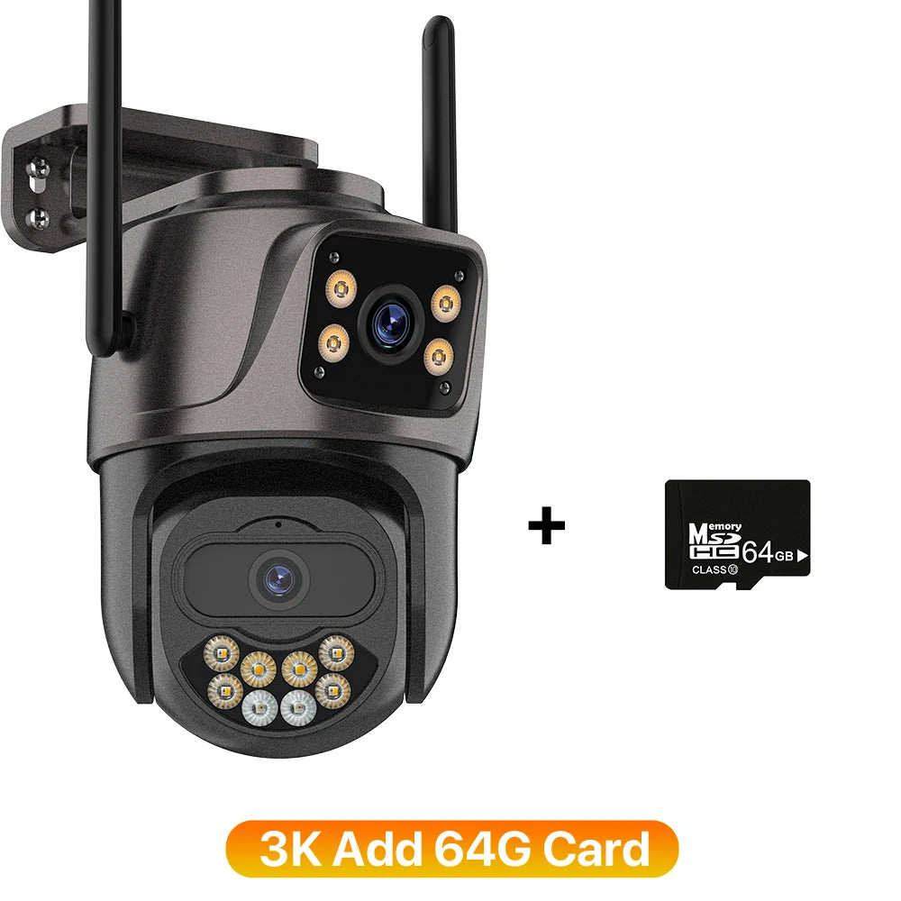 6K Wifi Camera 3 Lens Three Screen PTZ Camera 3K Security Protection Wireless Cam Ai Human Detection Waterproof Security Cam