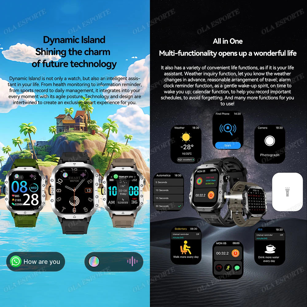 Outdoor Sports Smart Watch GPS Trackr 3ATM Flashlight 1.96" HD Display Screen Bluetooth Call Health Monitor Men Fitness Watches