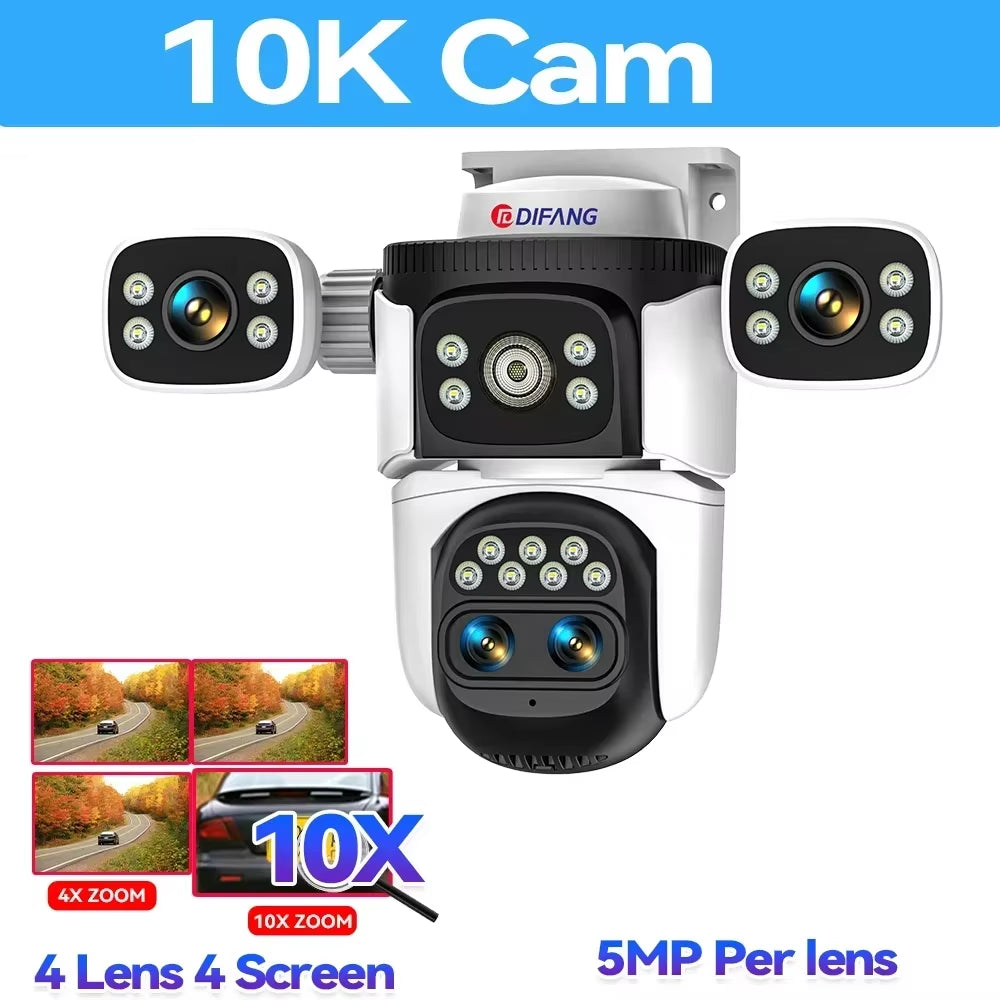 10K Four Screen Wifi Camera Outdoor 10X Zoom PTZ Video Street Camera Ai Tracking Security Protection CCTV Surveillance Camera