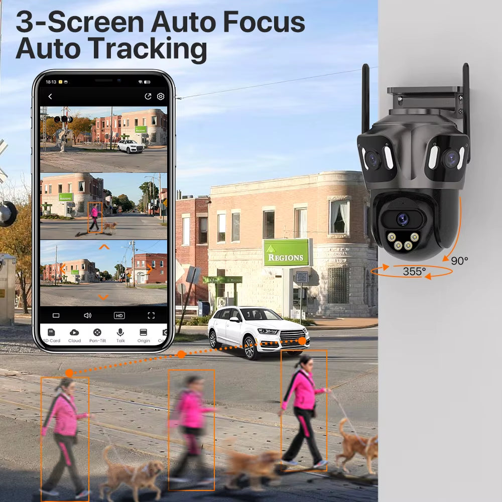 Three Screen WIFI IP Camera Outdoor 4K Dual Lens PTZ Camera Ai Human Detection IP66 Waterproof CCTV Video Security Camera Icsee